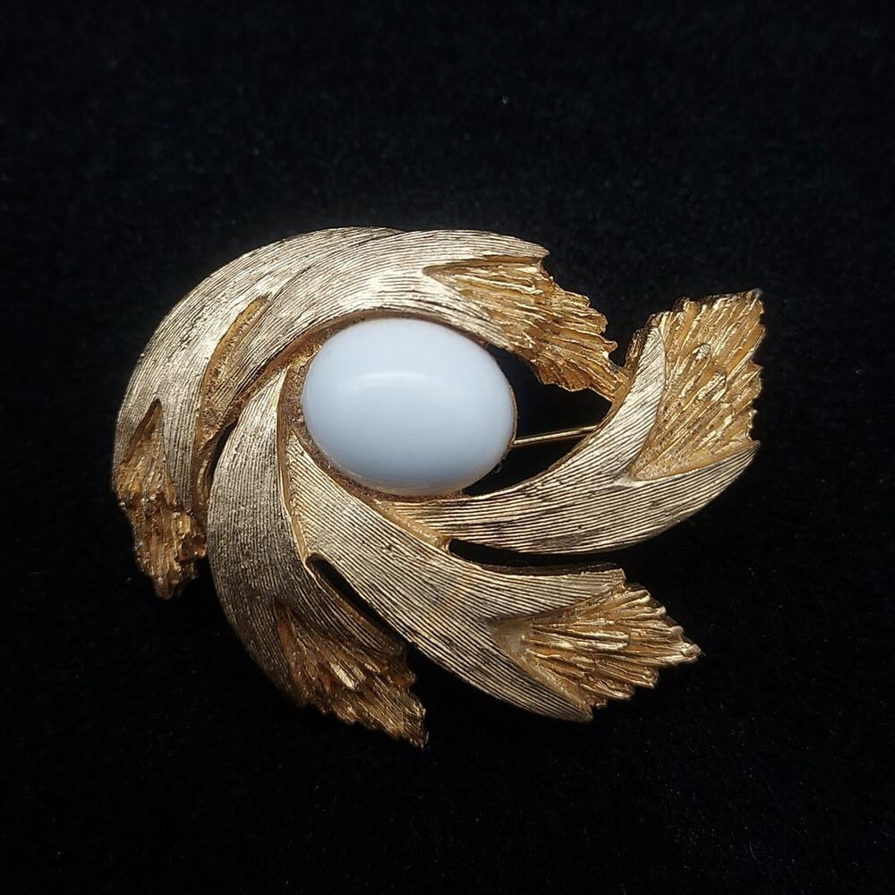 Polcini Gold Tone Brooch White Cabochon Center Vintage Costume Jewelry Signed